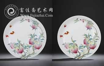 清雍正 御制粉彩過枝福壽雙全盤一對